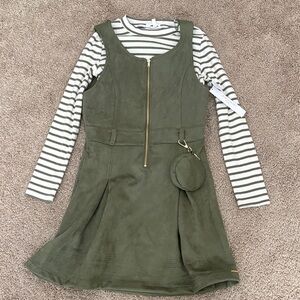 Tahari Girl -Olive Green Kids Dress with Striped shirt